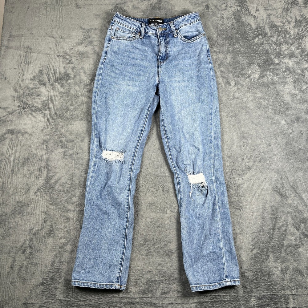 Fashion Nova Only One Non Stretch Ripped Straight Jeans Womens 1 Blue Denim Logo